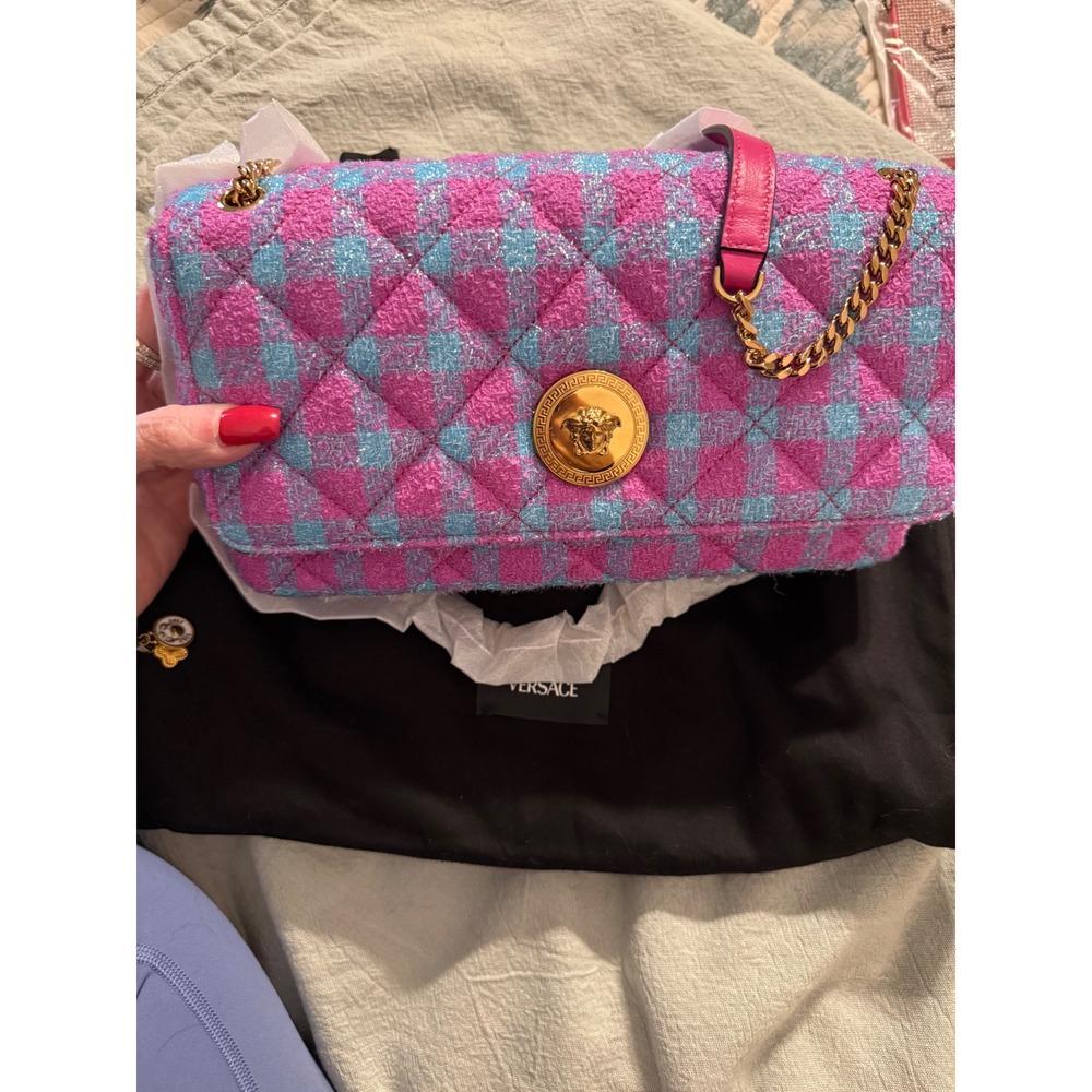 Versace La Medusa Tweed Shoulder Bag Pink Blue Plaid Quilted Gold Chain